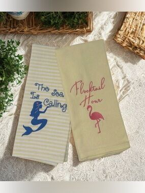 NWT Coastal Dish Towels Set of 2 Mermaid Flamingo The Sea is Calling Hand Towel